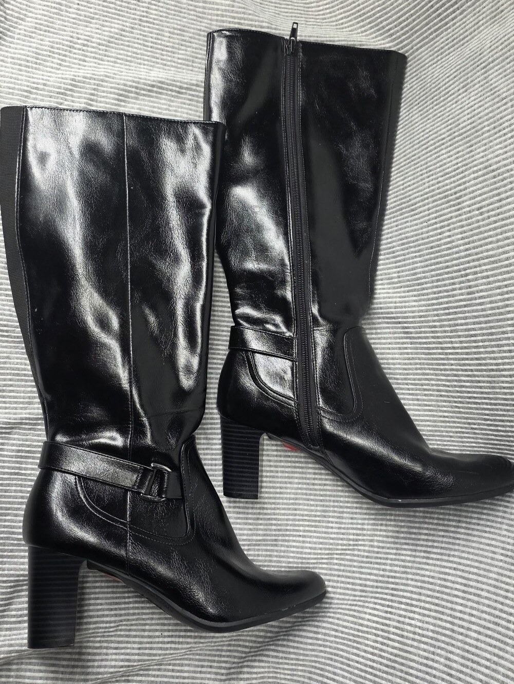 Black Mid-Calf Leather Block Heel Boots